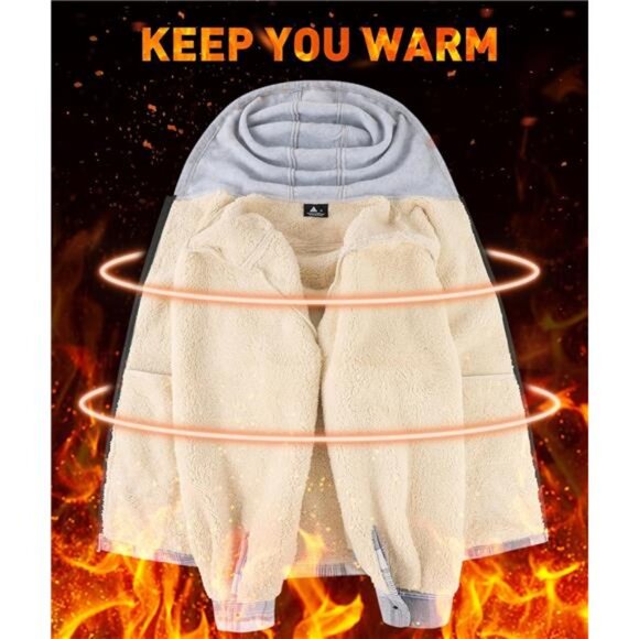 Flannel Plaid Jacket Long Sleeve Fleece Sherpa Lined Winter Jacket Warm Grey - Picture 5 of 7